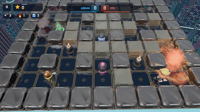 Arena Klassik, Runde 1 gegen die CPU: Taucher und Maulwurf zwischen Bomben und Geistern, neben Maulwurf lodern Flammen.