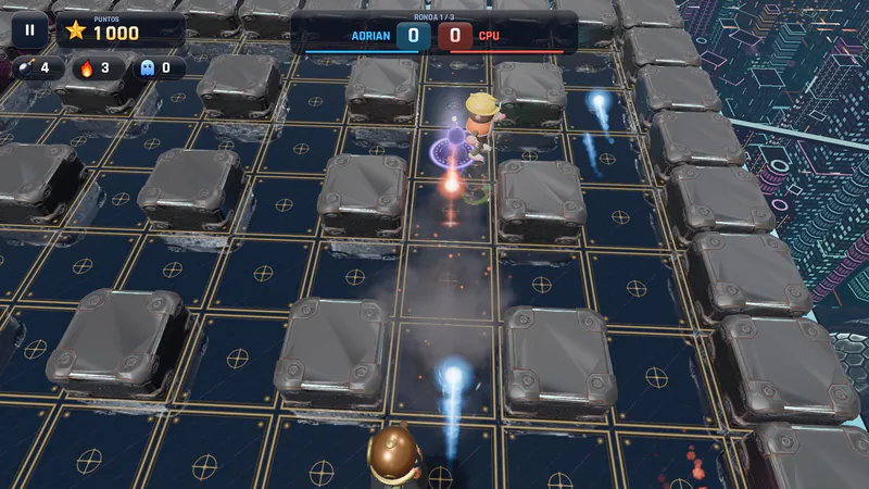 Las ráfagas de plasma vuelan unas hacia otras por un largo pasillo: Buzo y Topo disparan desde extremos opuestos.
